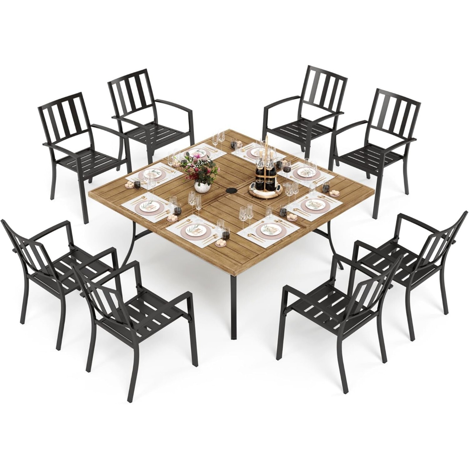 9 PCS Outdoor Dining Set Patio Furniture Metal Table & Chairs W/ Umbrella Hole