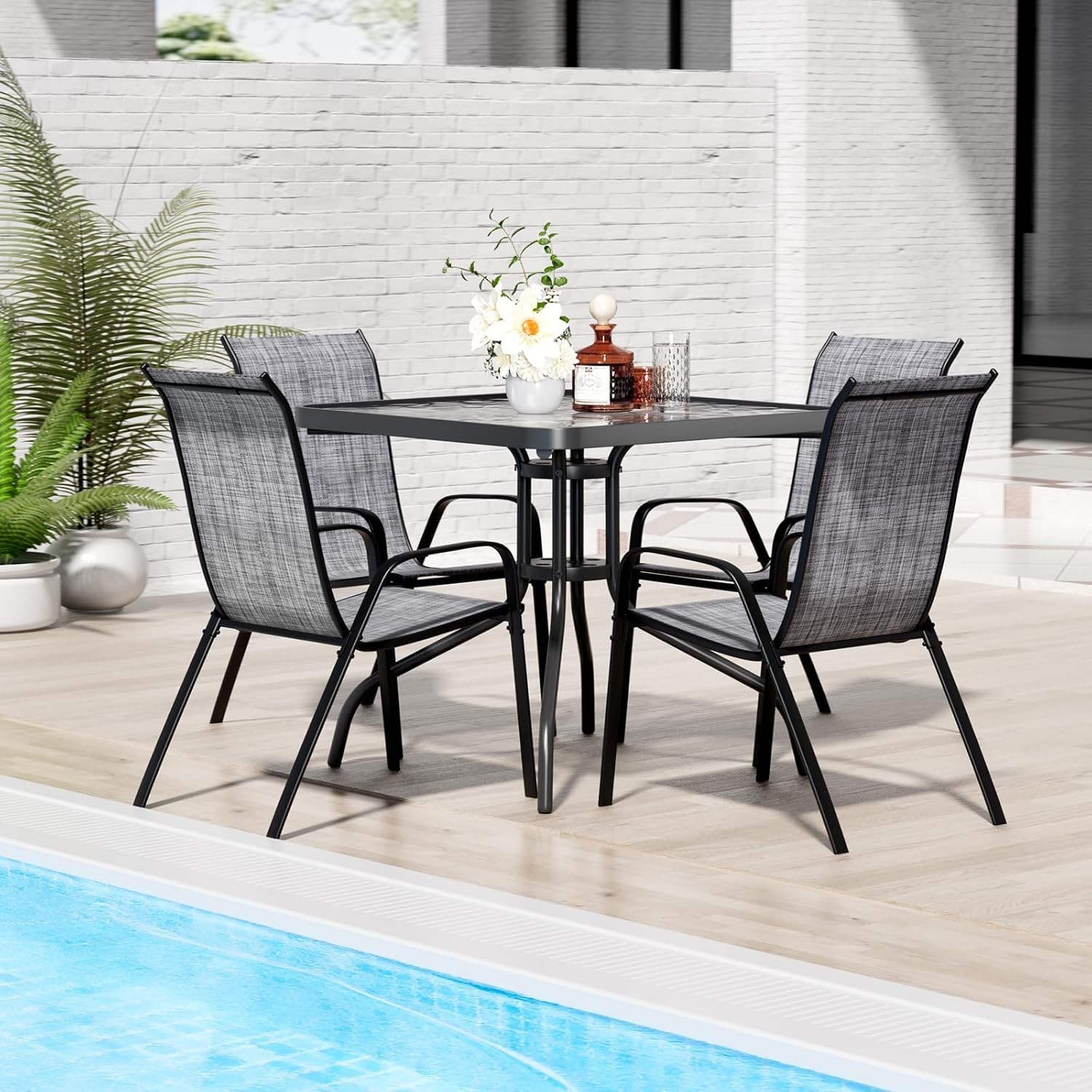 Patio Dining Set of 5, Outdoor Backyard Table & 4 Stackab Textilene Chairs