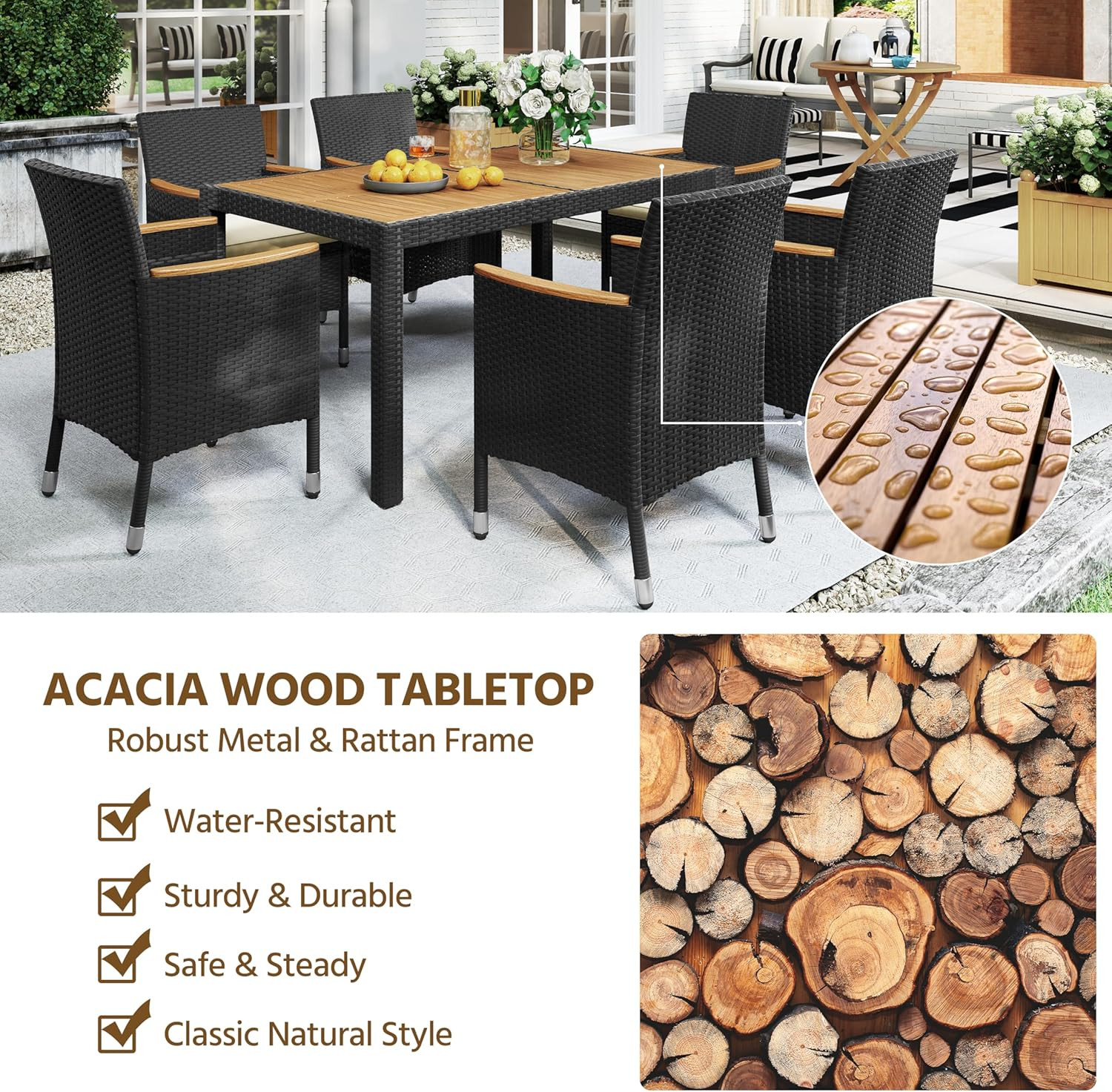 7 Piece Patio Furniture Set, Outdoor Dining Acacia Wood Table Top Rattan Convers