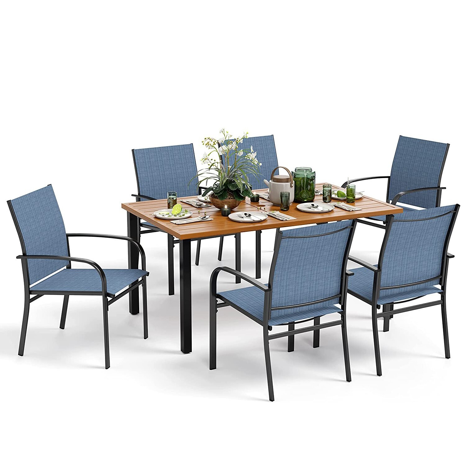 7-Piece Outdoor Patio Dining Set Wood-like Table with Umbrella Hole 6 Chairs