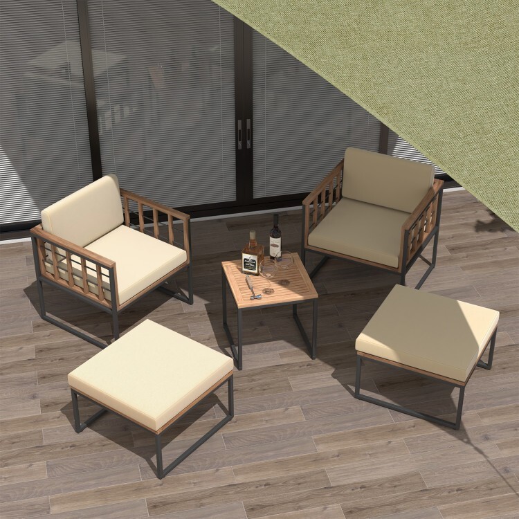 5 Pcs Outdoor Garden Acacia Wood Furniture Set w/ 2 Chair Coffee Table 2 Ottoman