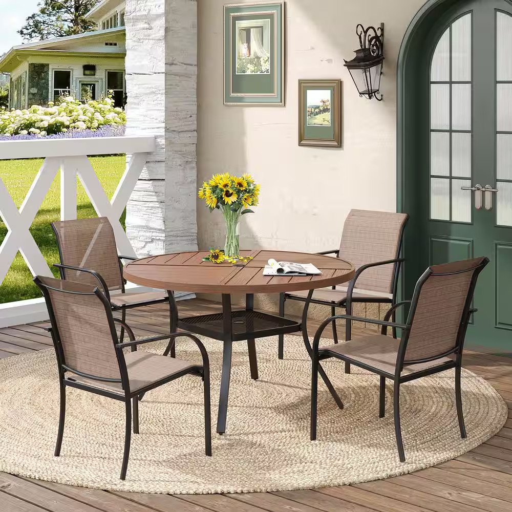 5-Piece Outdoor Patio Dining Set with 40.6 In. Walnut round Table and 4-Brown Di