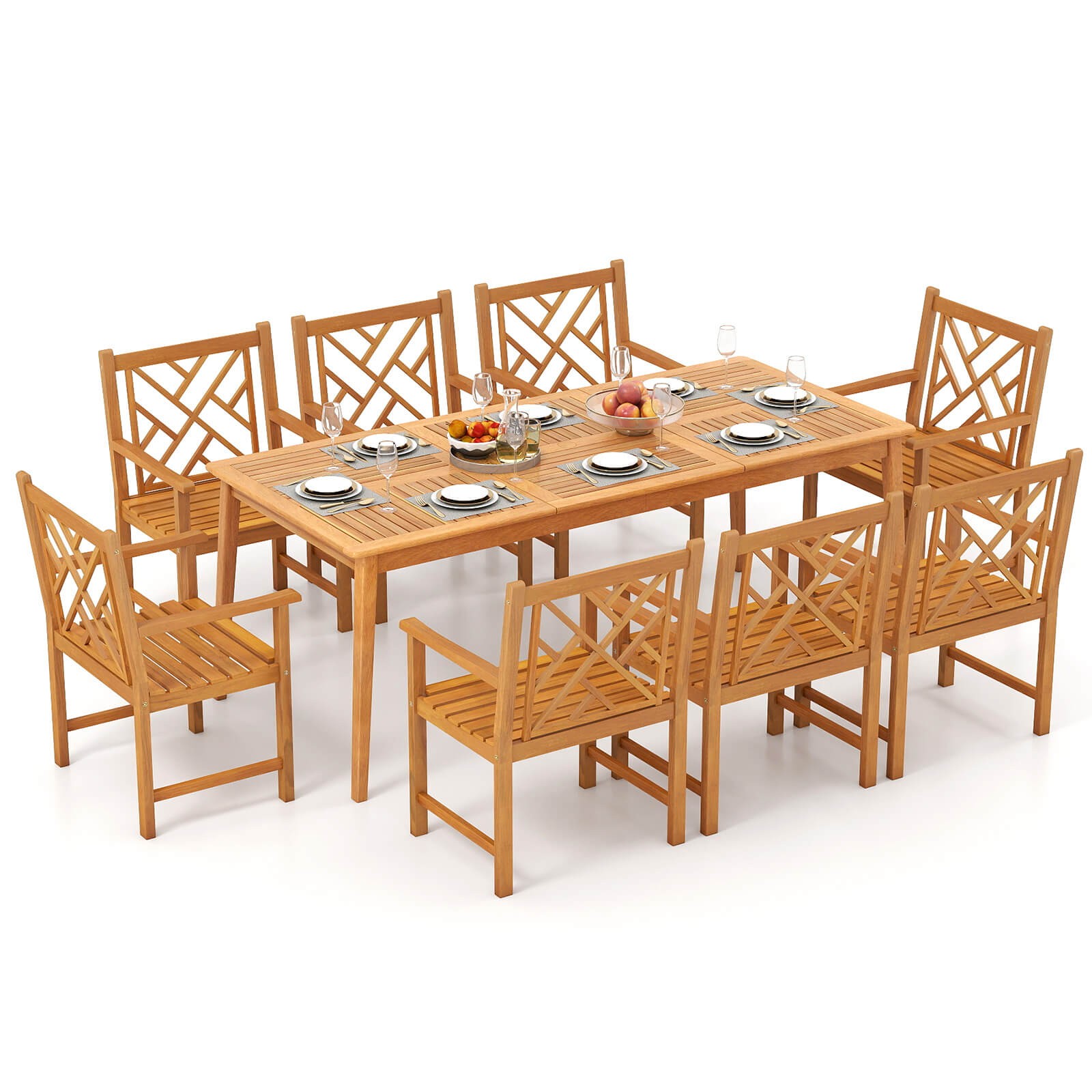 9-Pieces Patio Dining Table Set w/8 Chairs Slatted Tabletop 1.96” Umbrella Hole