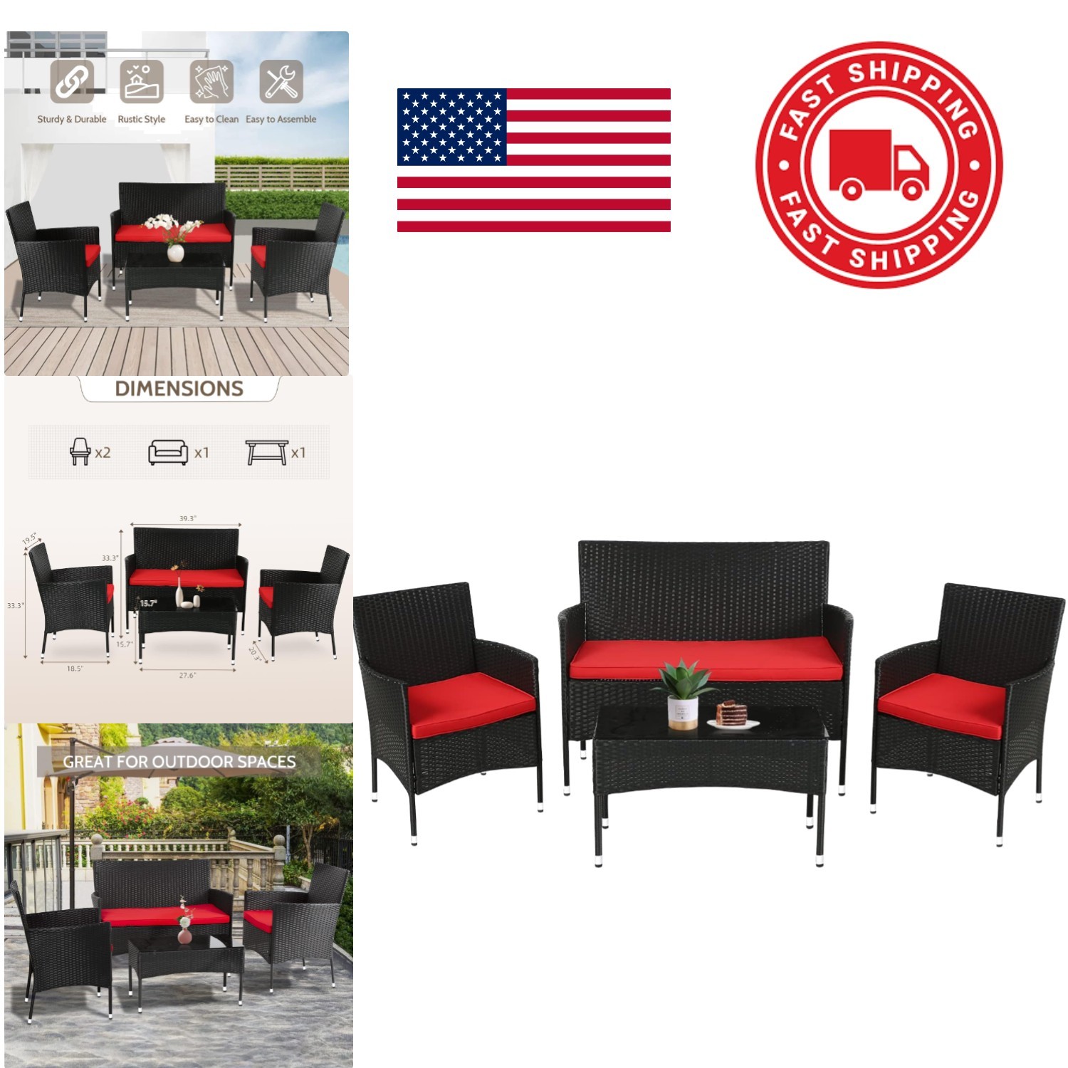 Modern Rattan Conversation Set with Tempered Glass Table for Indoor Outdoor Use