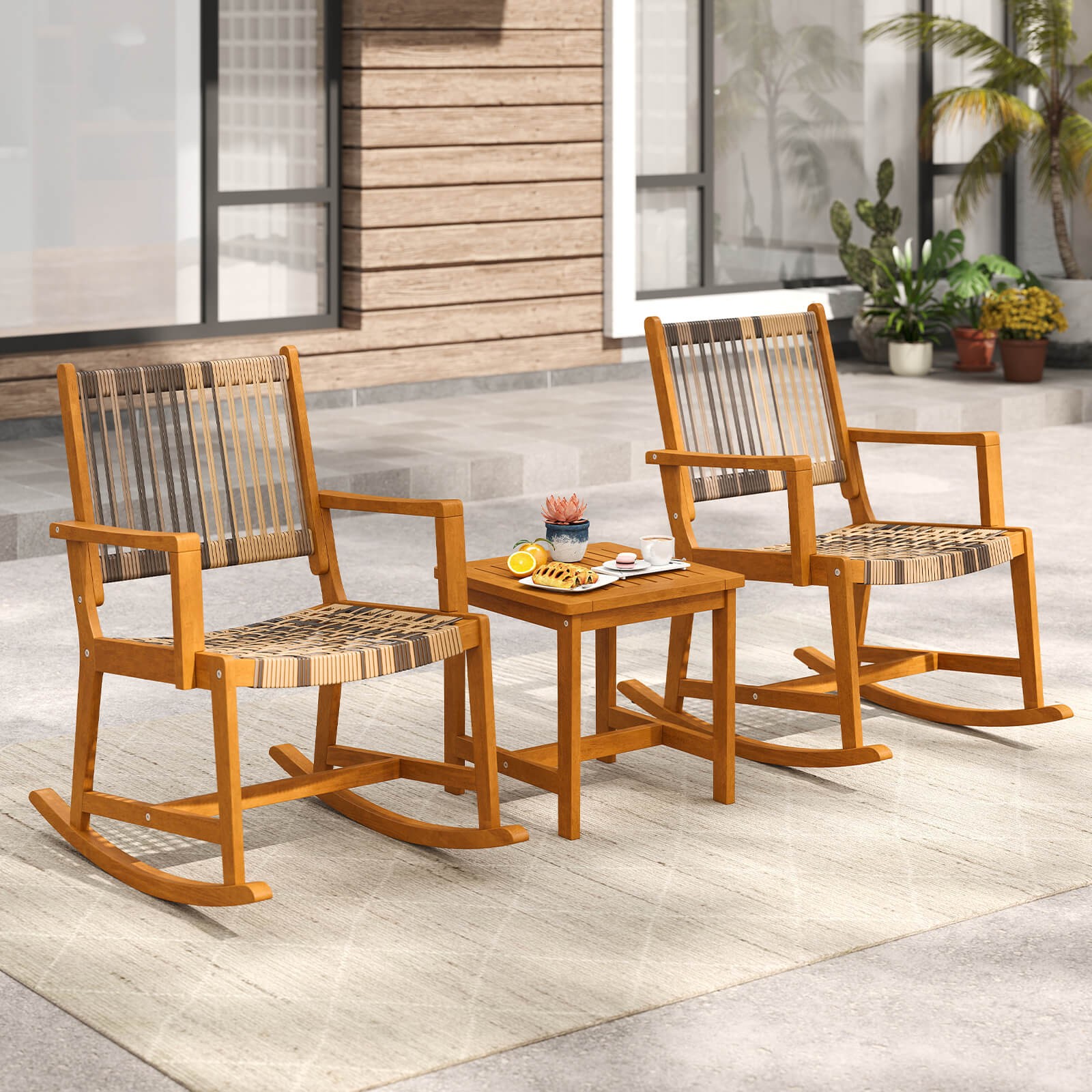 3 PCS Patio Rocking Set w/ Rattan Seat & Back Square Side Table for Porch