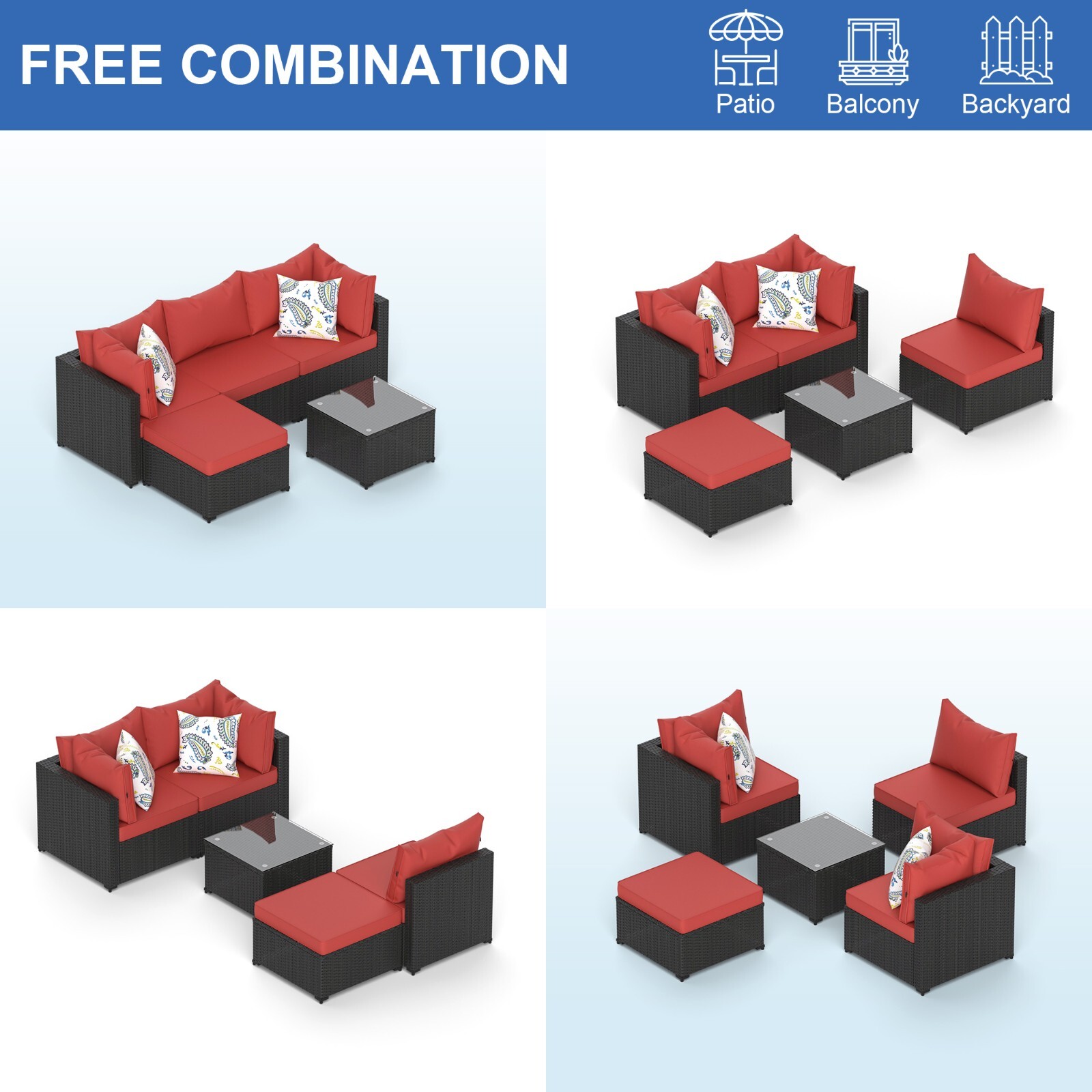 Red Patio Furniture Set Outdoor Sectional Sofa with Ottoman Rattan Wicker Couch