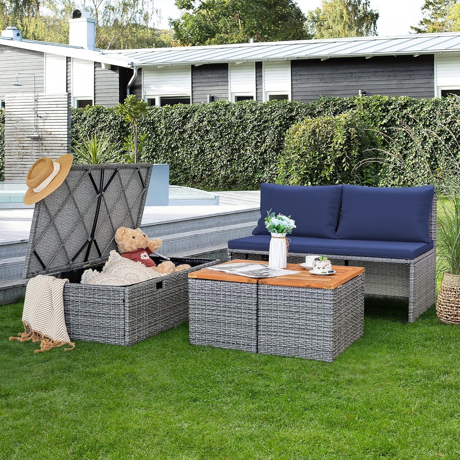Patio Day Bed Outdoor Daybed Set Multifunctional Rattan Lounge Bed with 2 Side