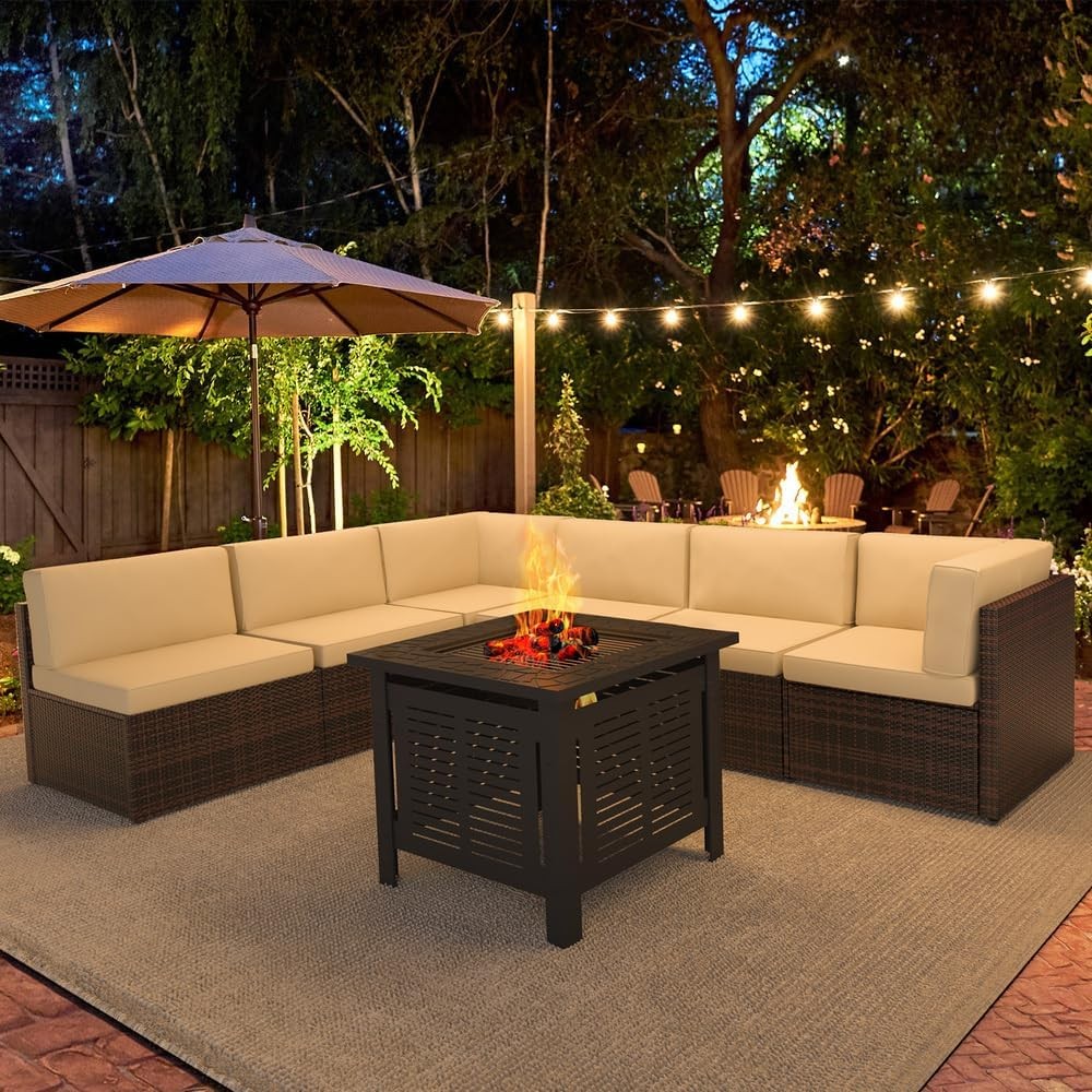 8 Piece Outdoor Patio Furniture Set with Fire Pit Table, Tea Table and Cushions