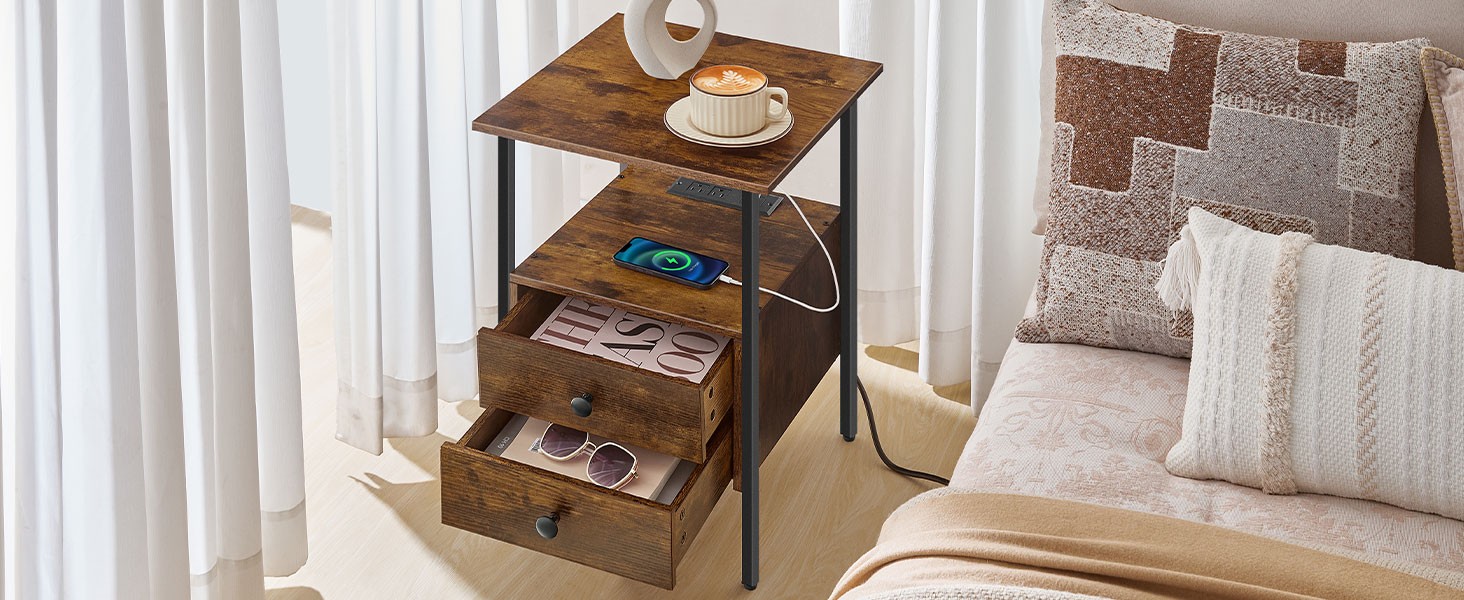 End Table with Charging Stat, Bedside Table with 2 Der & USB