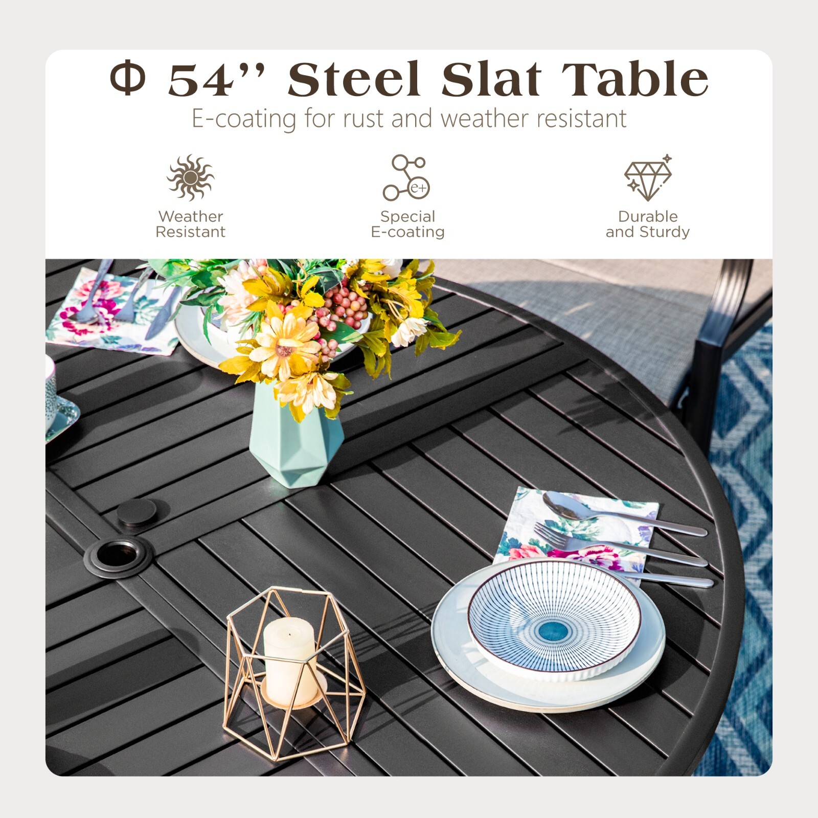 Outdoor Table Chairs Set Patio Dining Set Round Metal Table with Umbrella Hole