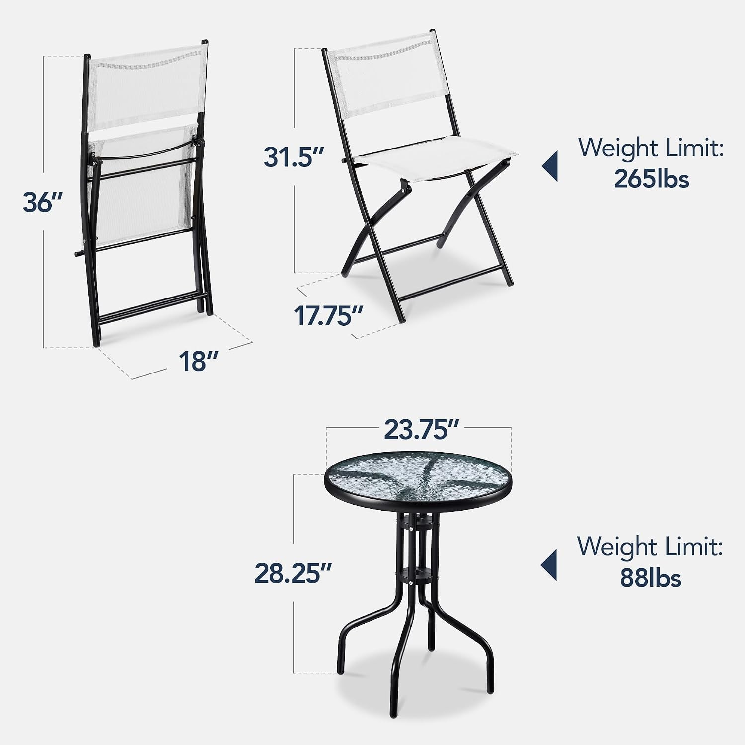 3-Piece Patio Bistro Dining Furniture Set w/Textured Glass Tabletop 2 Steel