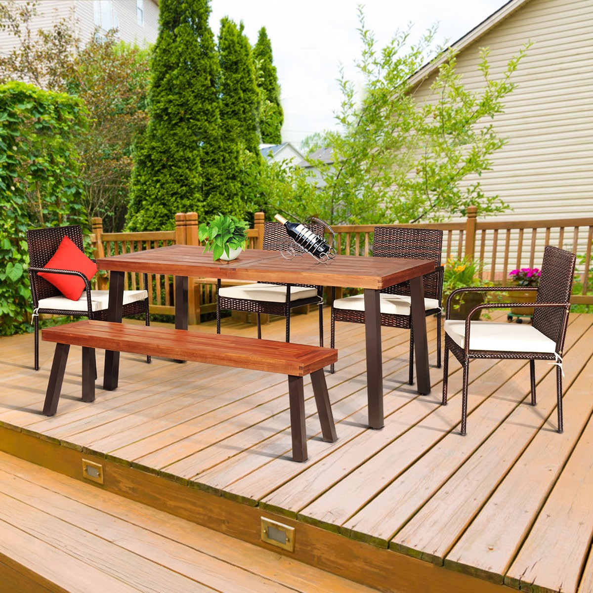 Patiojoy Patio 6PCS Rattan Dining Set Acacia Wood Tabletop Cushioned Chair
