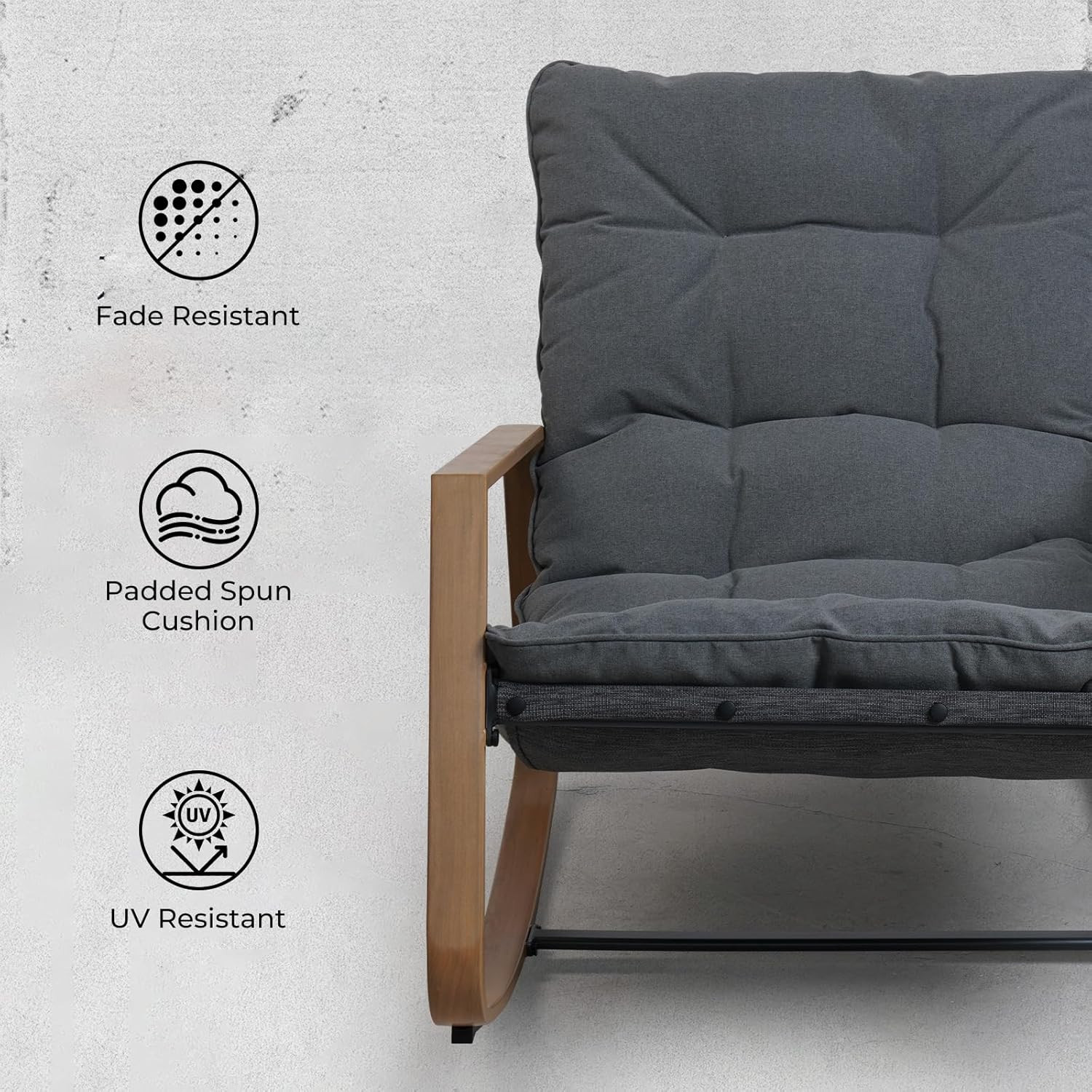 Modern Outdoor Rocking Chair with Padded Seat – Dark Grey, Easy Assembly