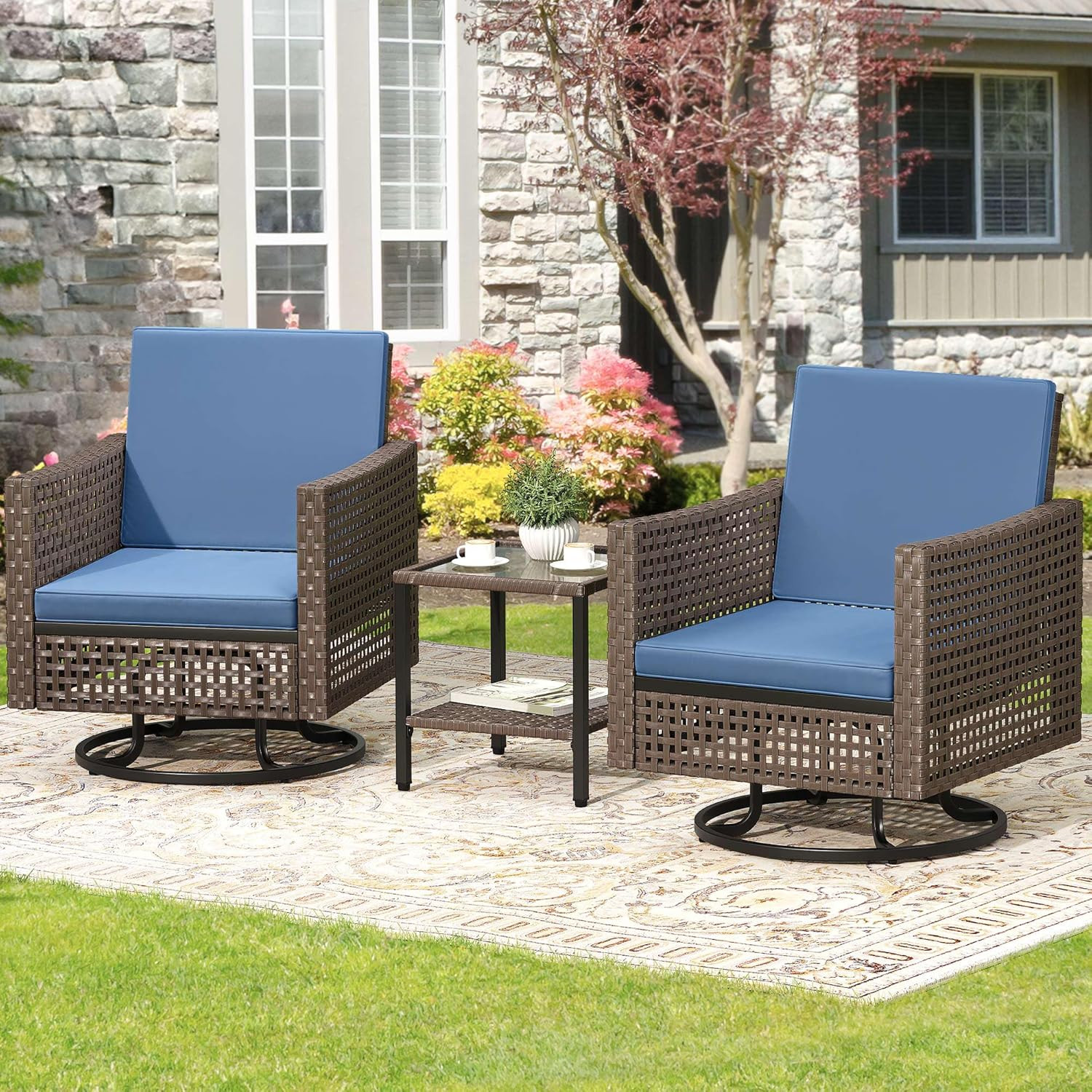 YITAHOME 3 Pieces Patio Set W/2.8″ Thick Cushions, All Weather Swivel Patio Furn