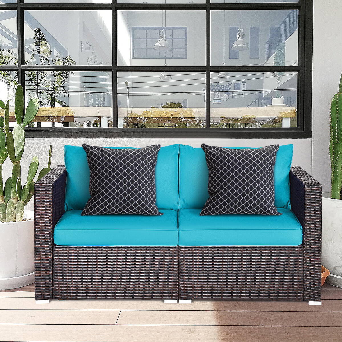 Patiojoy 2-Piece Patio Wicker Corner Sofa Set Rattan Loveseat with Removable