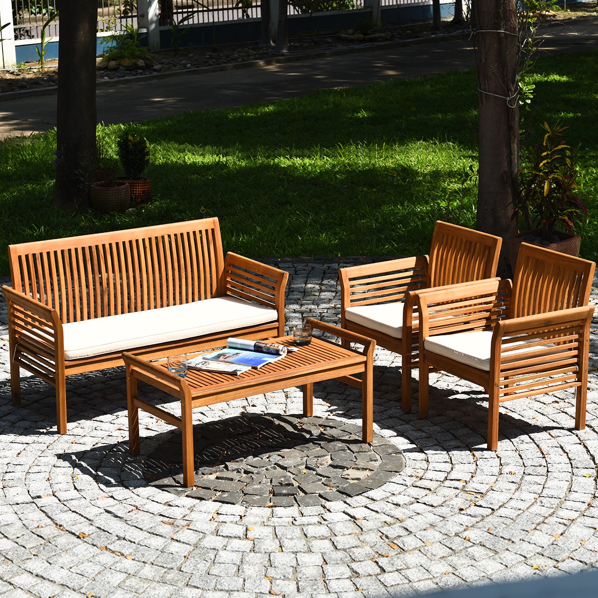 4 PCS Outdoor Acacia Wood Sofa Furniture Set Cushioned Chair Coffee Table Garden