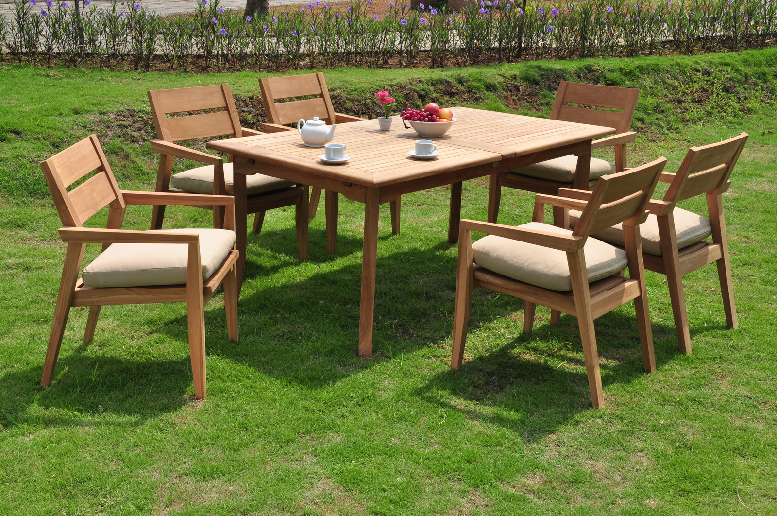 7 PC OUTDOOR DINING TEAK SET – 94″ DOUBLE EXT RECTANGLE TABLE, 6 STACKING CHAIRS