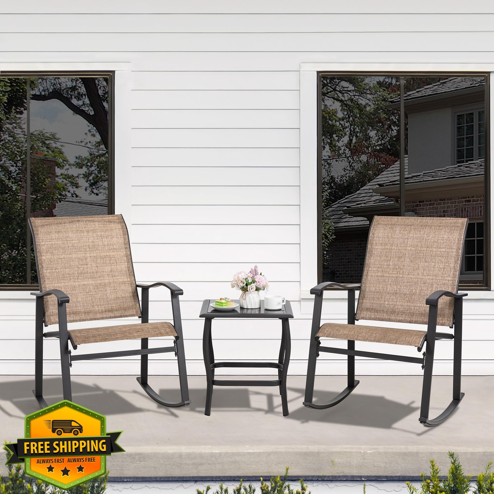Shintenchi Rocking Chair Set Coffee with Table