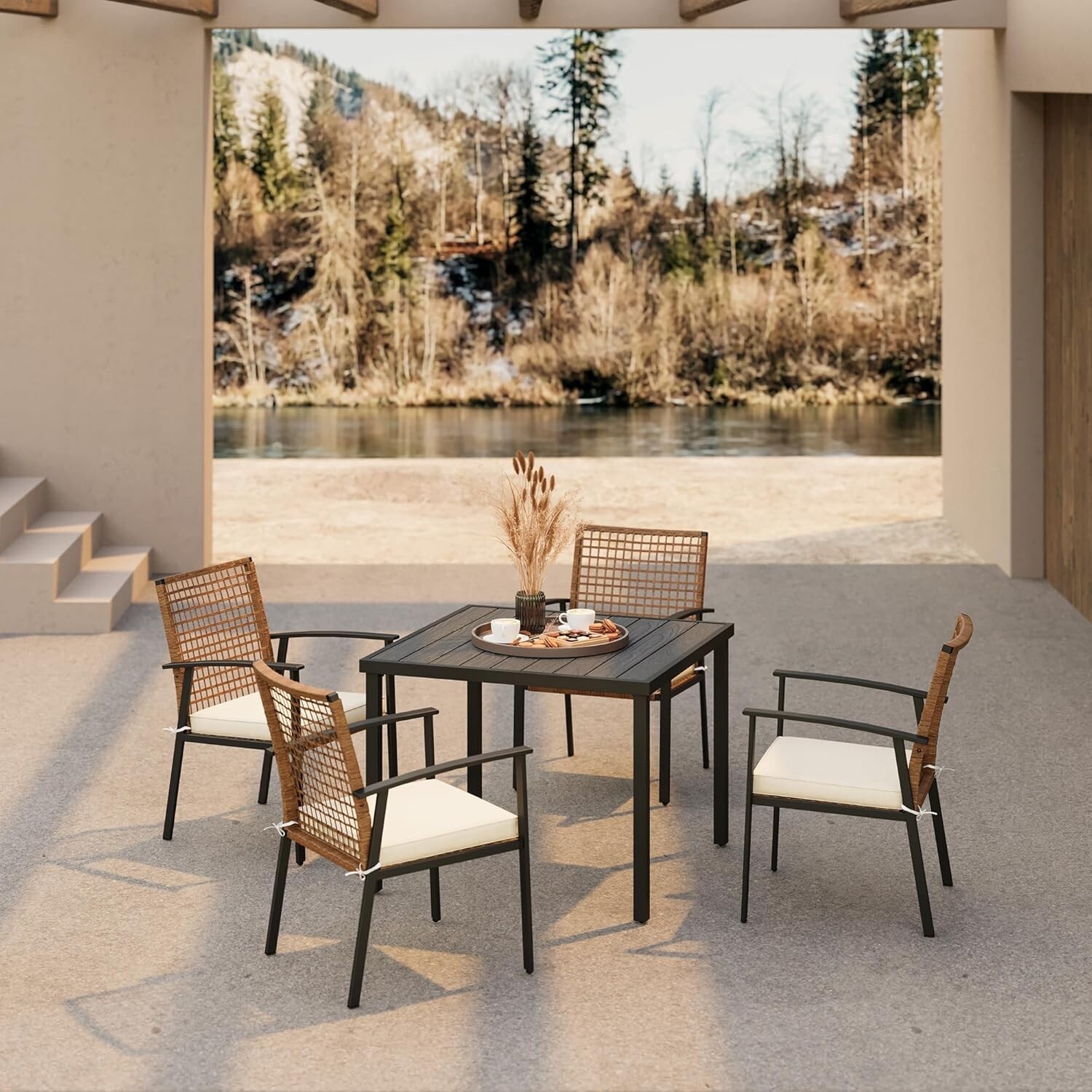 LAUSAINT HOME 5 Pieces Outdoor Wicker Dining Set, with 4 Chairs and 1 Table