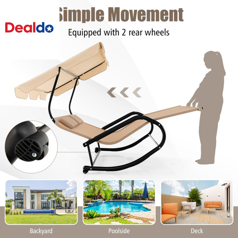 Outdoor 2 Persons Rocking Chaise Lounge with Canopy and Wheels