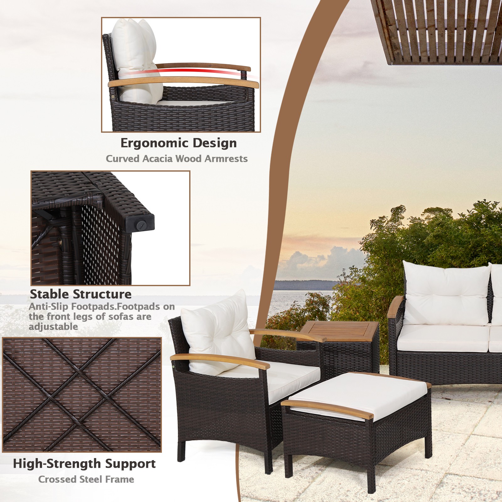 7PCS Patio Rattan Furniture Set Cushion Armrest Loveseat Ottoman Table