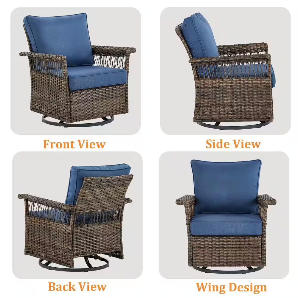 Stlouis Brown 3-Piece Wicker Patio Conversation Set with Blue Cushions
