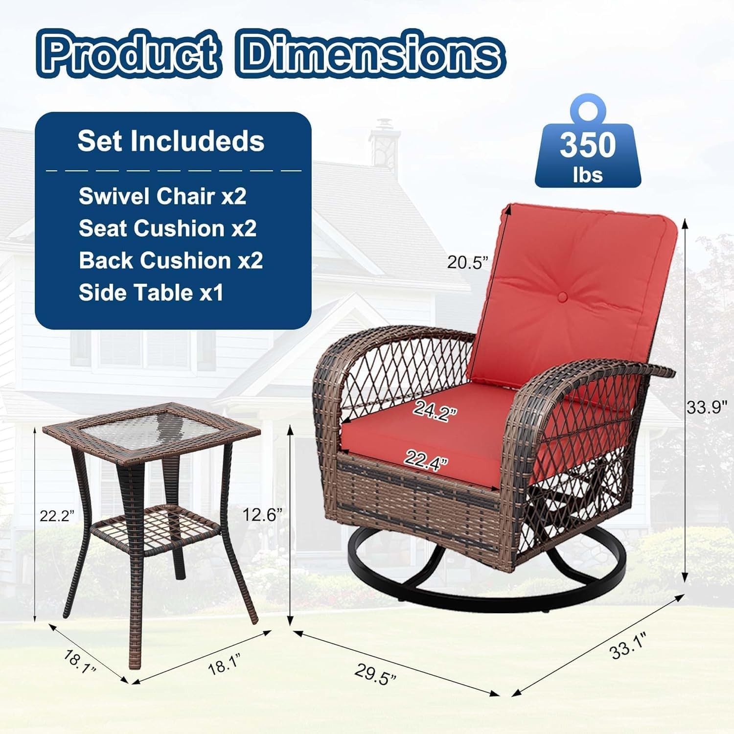 Swivel Rocking Wicker Patio Chairs Set w/ Glass Table, 350lb Each Chair Outdoor