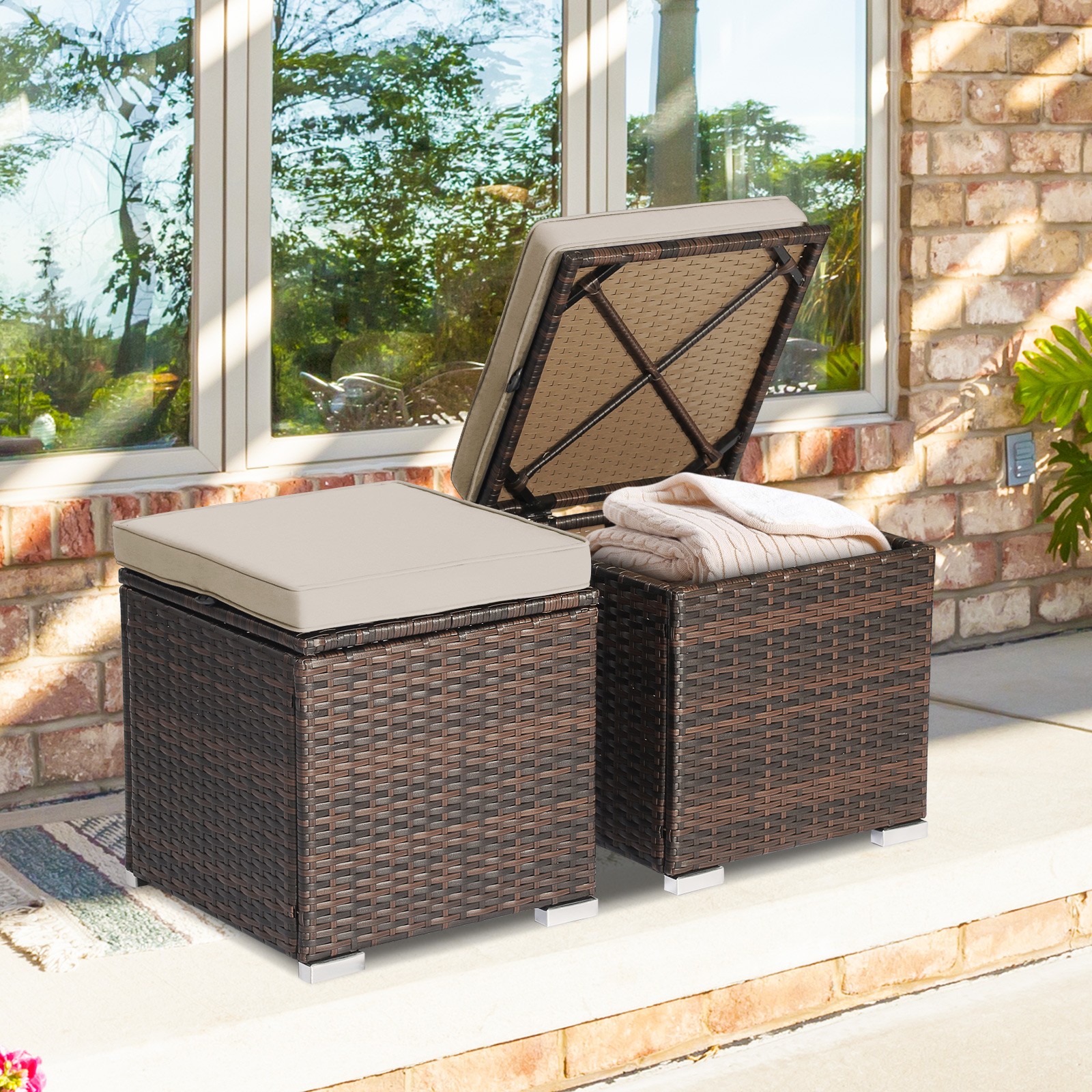 2PCS Patio Rattan Ottomans Seat Side Table Storage Box Footstool W/Cushion Beige