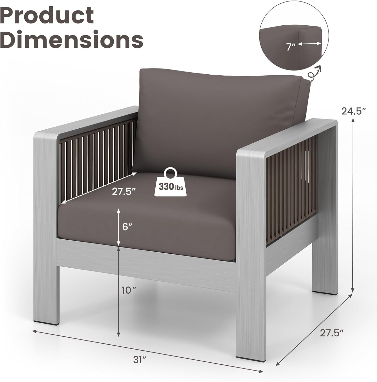 Stylish Gray Aluminum Armchair with Plush Cushions for Outdoor Relaxation
