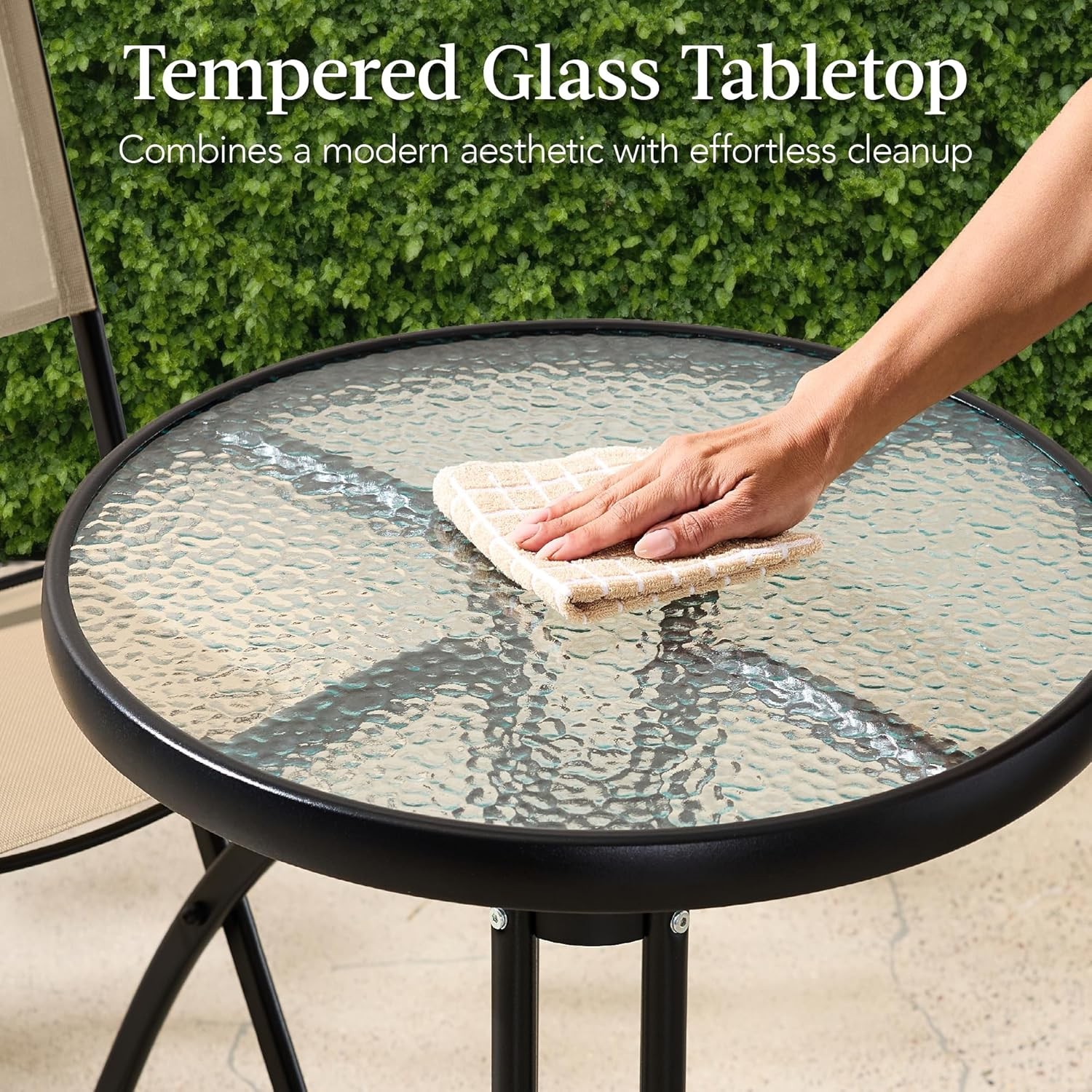 3-Piece Patio Bistro Dining Furniture Set w/Textured Glass Tabletop 2 Steel