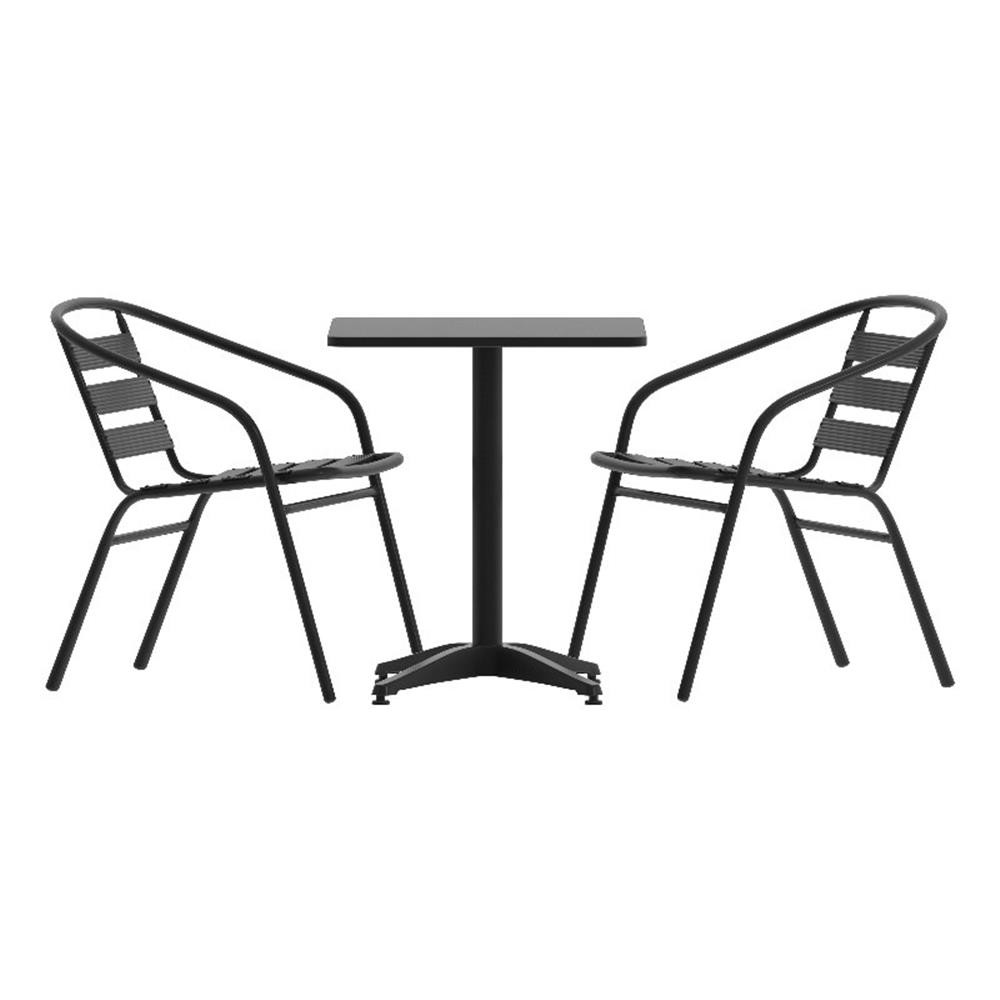 Modern 23.5″ Square Glass Framed Glass Table with 2 Black Slat Back Chairs