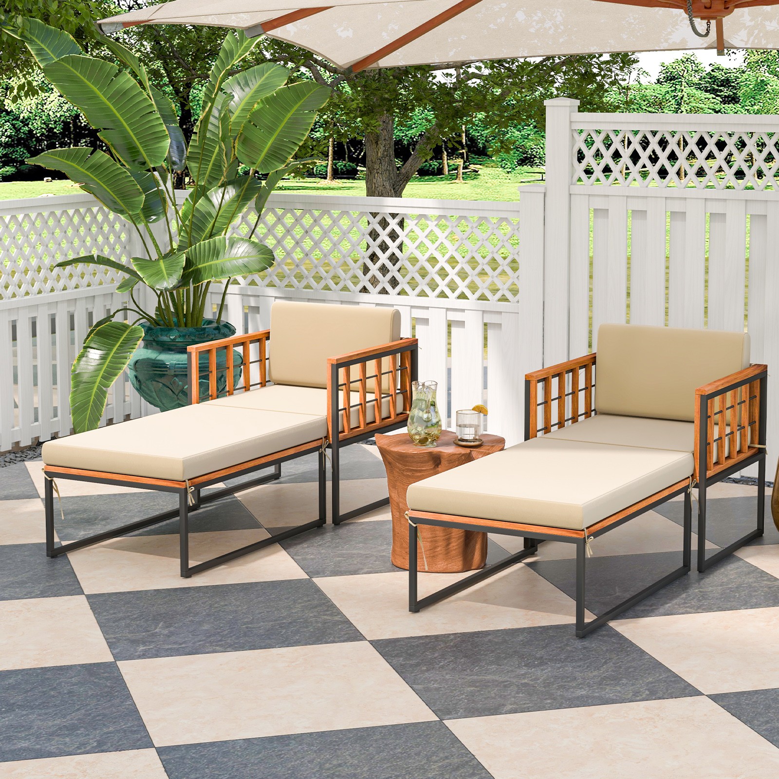 Outdoor Furniture Set Patio Acacia Wood Armchair w/ Long Ottoman Cozy Seat