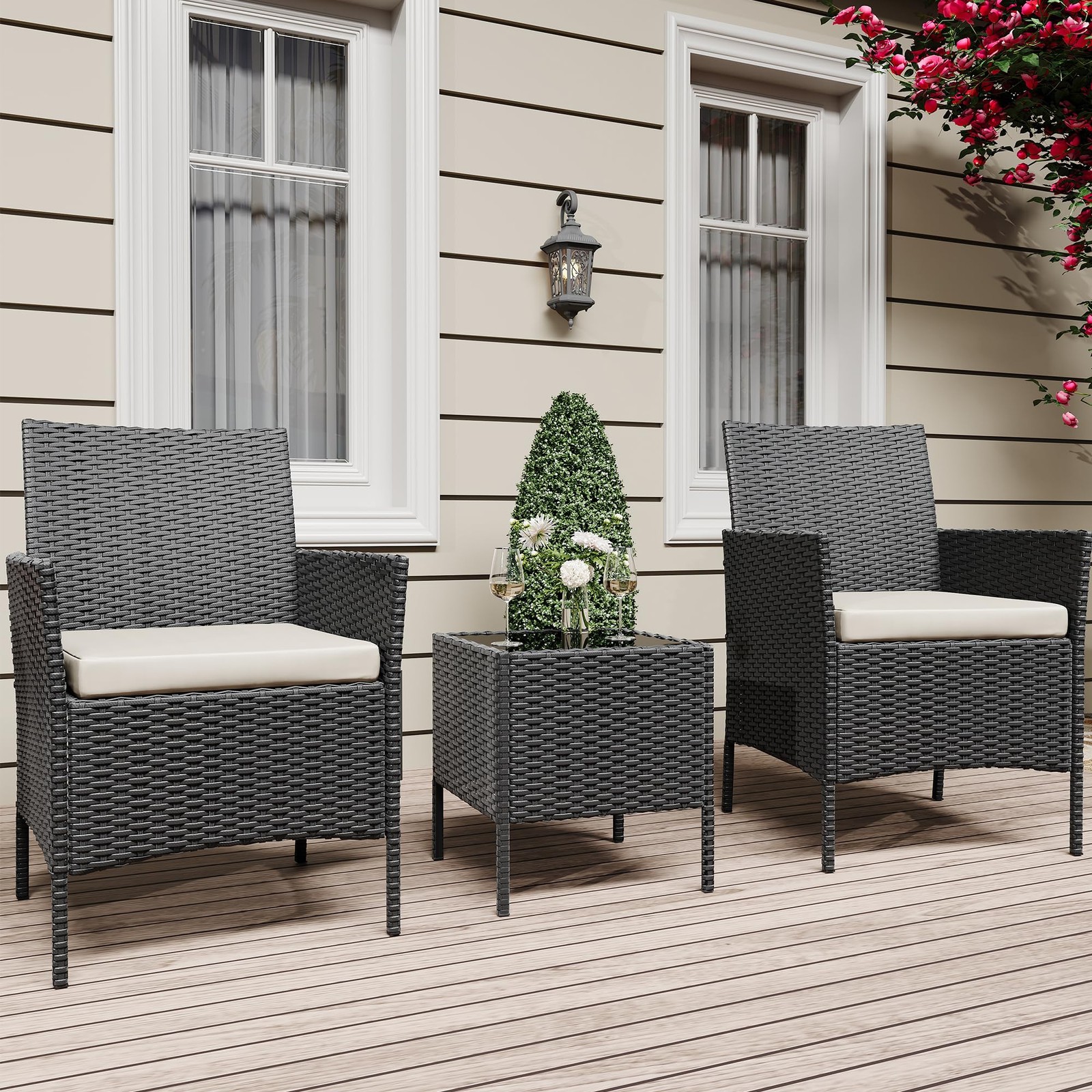 Modern Wicker Patio Furniture – 3 Pieces, Soft Cushions, Glass Coffee Table