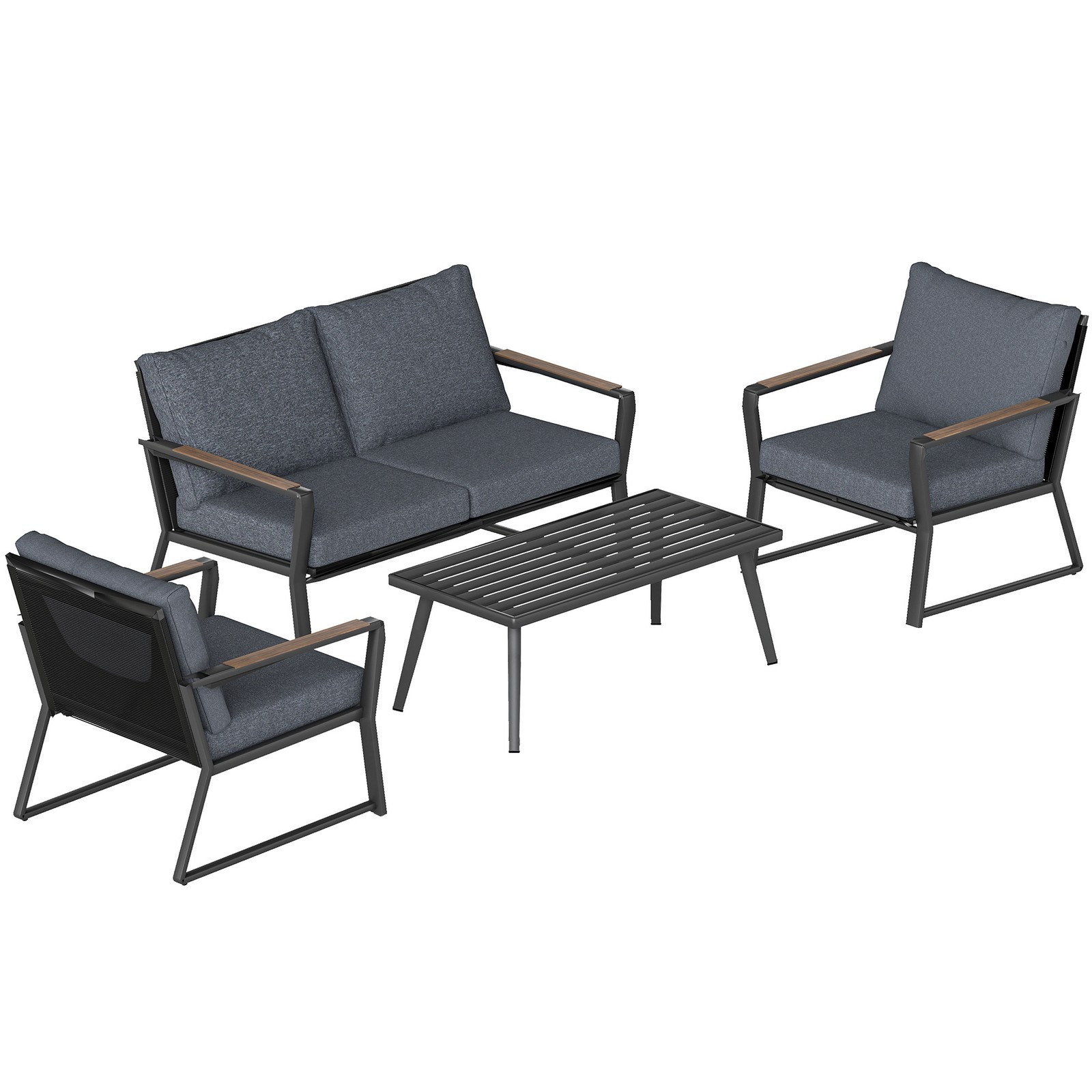 4 PC Aluminum Dark Grey Garden Sofa Set Widened Seat, Coffee Table & Cushions