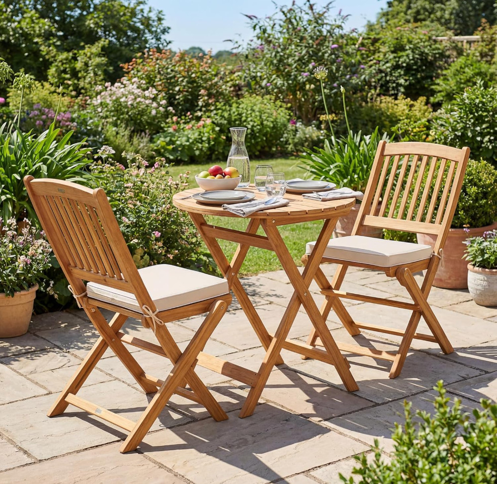 3Pcs Patio Bistro Set,Wood Folding Table Set, 2 Cushioned Chairs for Garden Yard