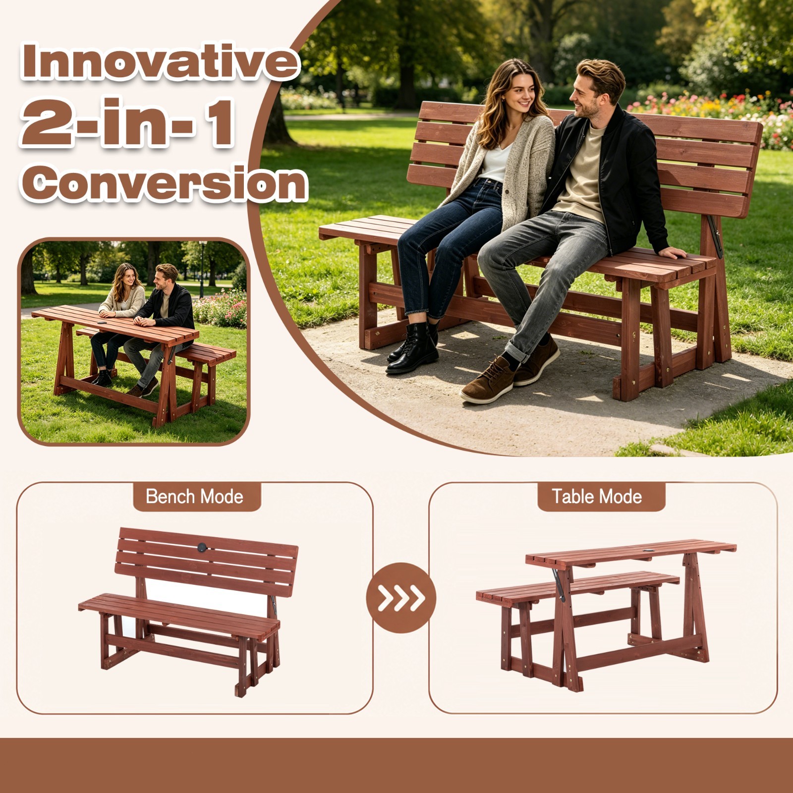 55.5″ Convertible Rectangle Wood Picnic Table Garden Bench Seats 2-3 People