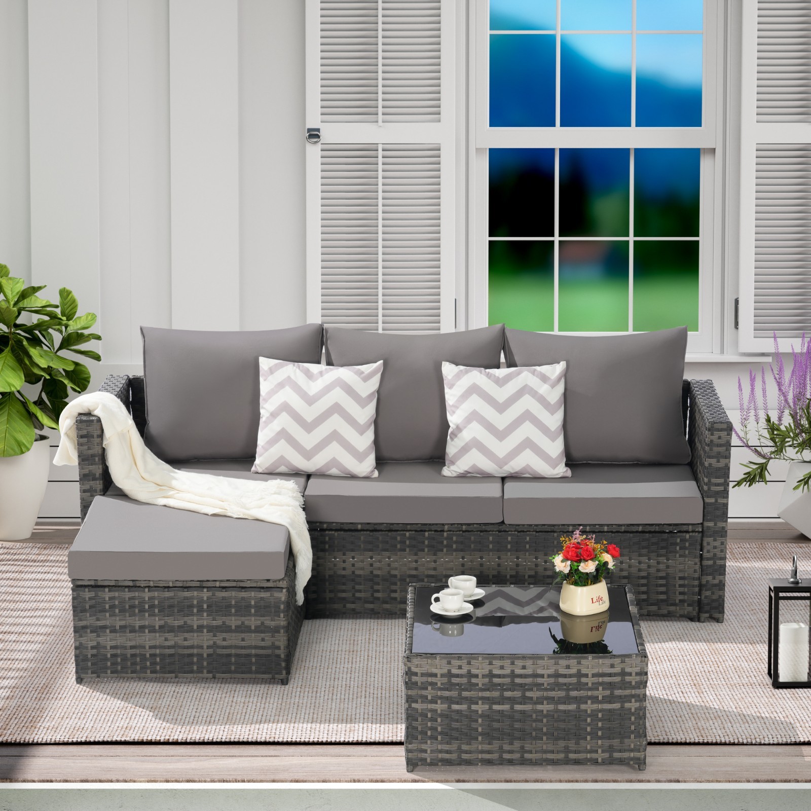 2 Pieces L- Shaped Patio Furniture Set with Ottoman, Detachable Lounger Table