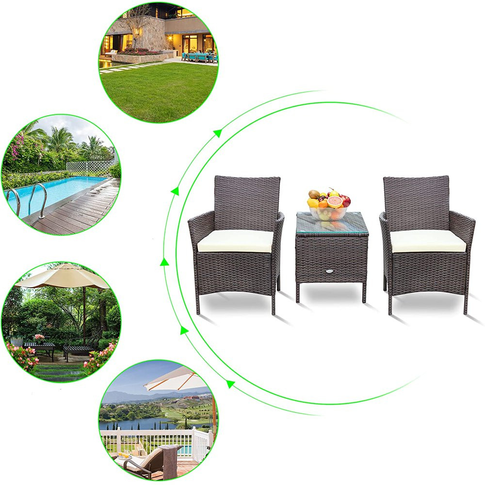 Set De 2 Sillas y Mesa Cristal Con Cojines Para Balcon Patio Exterior En Oferta