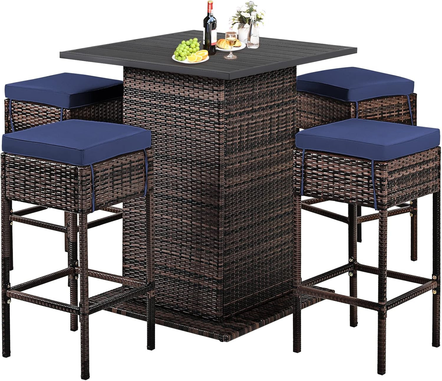 Navy 5PCS Rattan Bar Set with Hidden Storage & Cushions for Outdoor Fun