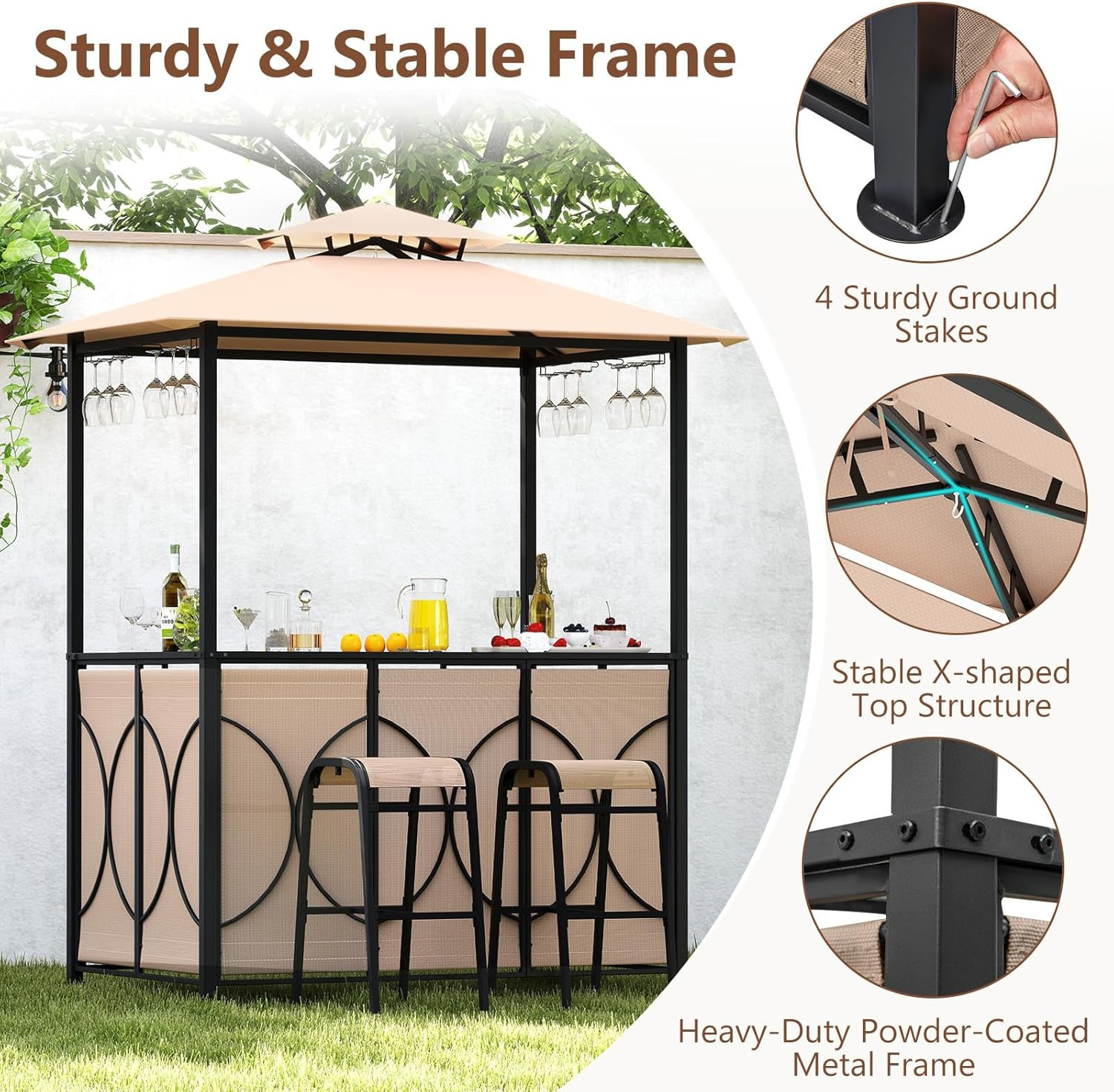 3-Piece Patio Bar Set, Grill Gazebo & 2 Bar Stools with Tempered Glass Bar Table