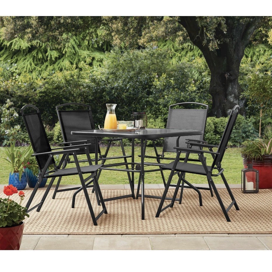 Black Metal Mesh Patio Dining Set Square Glass Table 4 Chairs Folding Umbrella …