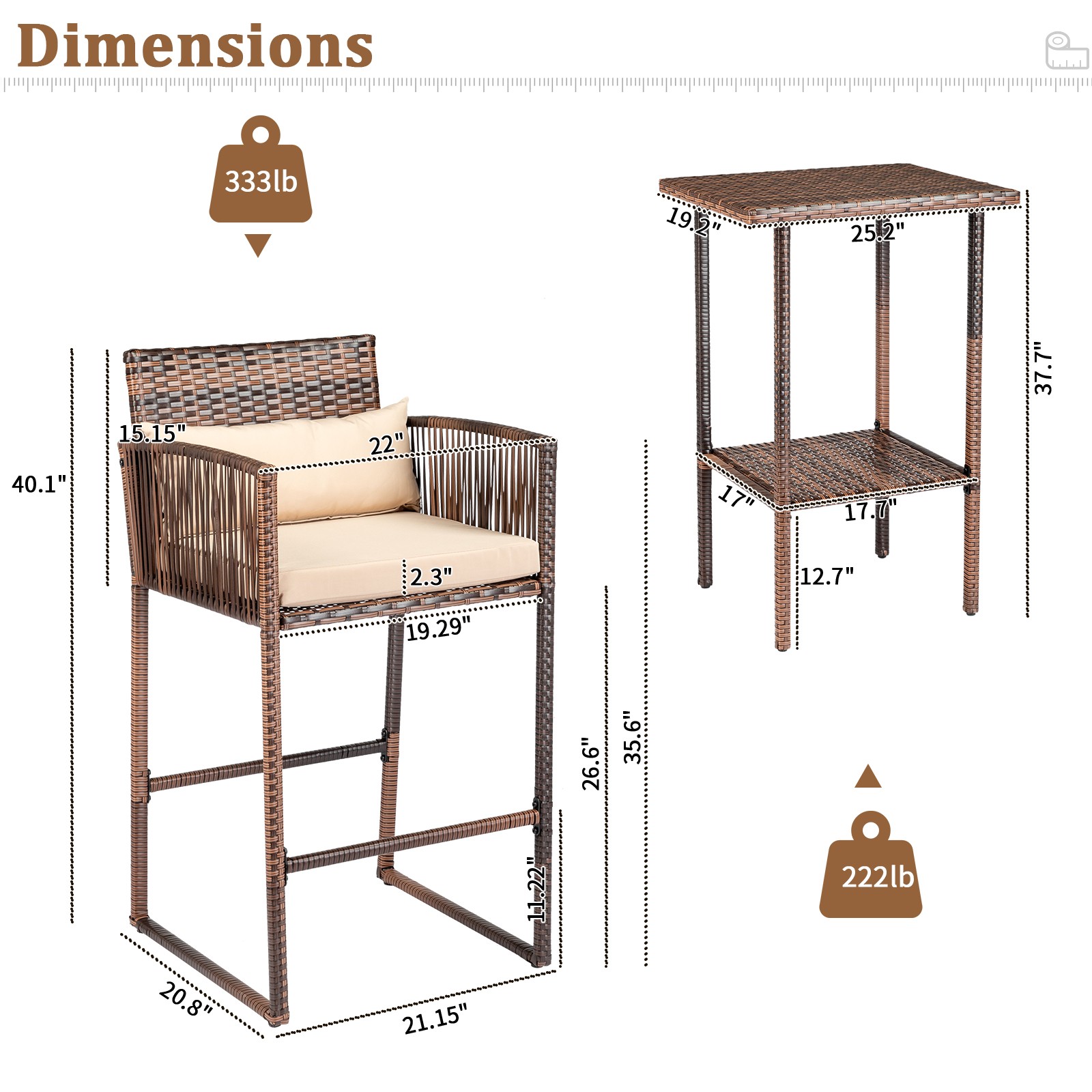 3-Piece Patio Bar Set w/ Cushions, 2 Bar Stools & Table, Brown Rattan