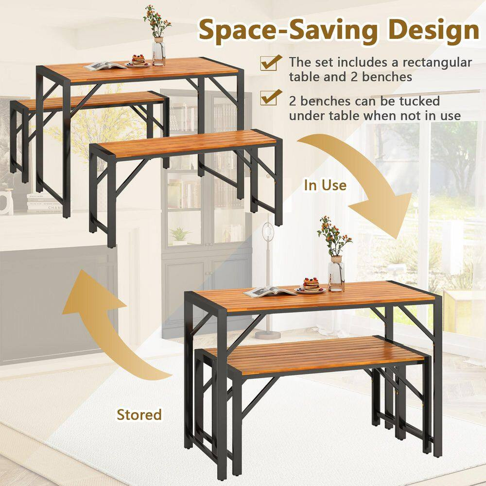 3 PCS Dining Set for 4 People Outdoor Picnic Table & 2 Benches W/ Metal Frame