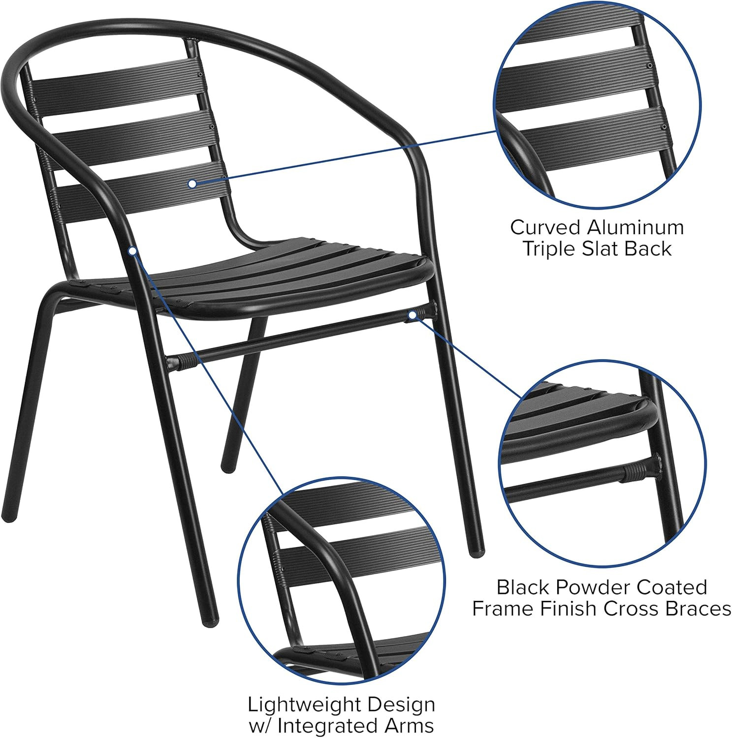 Lila 27.5” Square Aluminum Table Set with 4 Black Slat Back Chairs