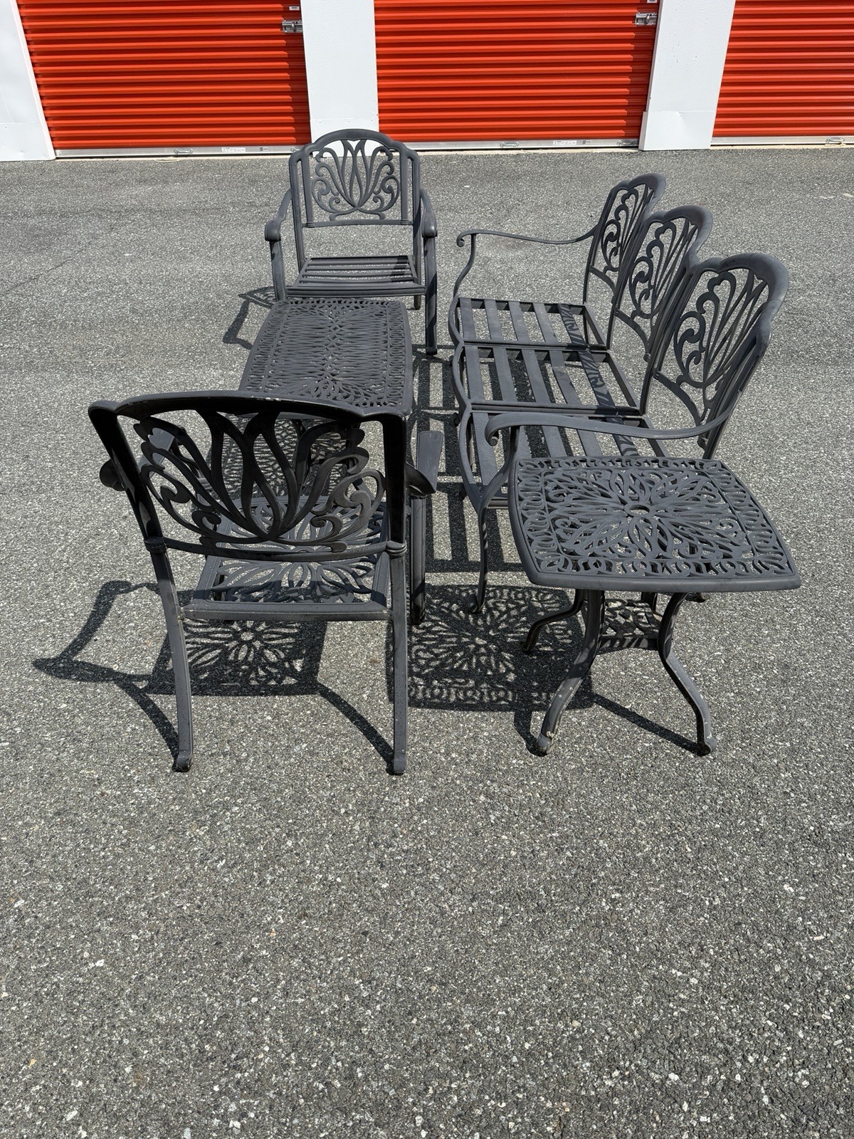 Darlee Cast Conversation Set Bench, 2 Chairs, Coffee Table, Side Table ****