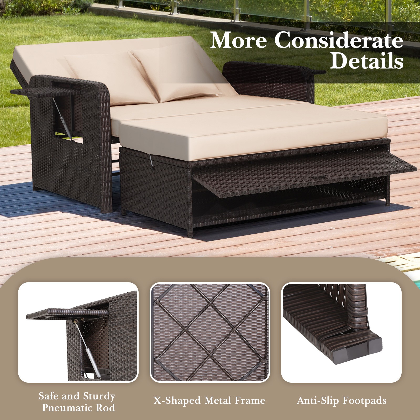 Patio Rattan Daybed Lounge 3 Soft Cushions & 2 Pillows Side Tables for Backyard