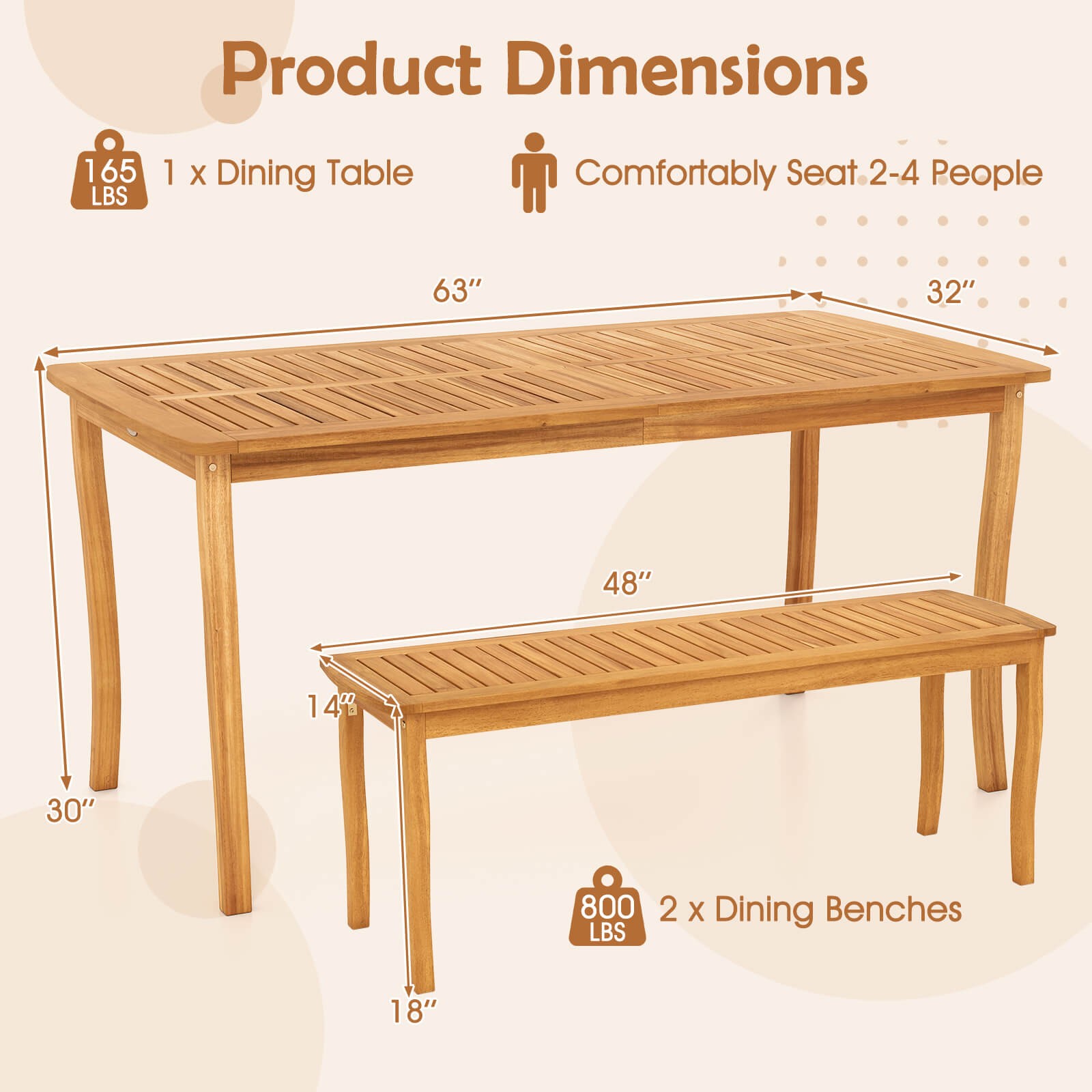 3 Pieces Outdoor Dining Set for 4 People, Patio Acacia Wood Table & Bench Set