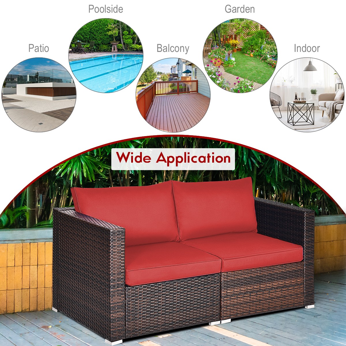 Patiojoy 4PCS Patio Rattan Sofa Set w/ Hand-Woven Rattan & Four Cushions Red