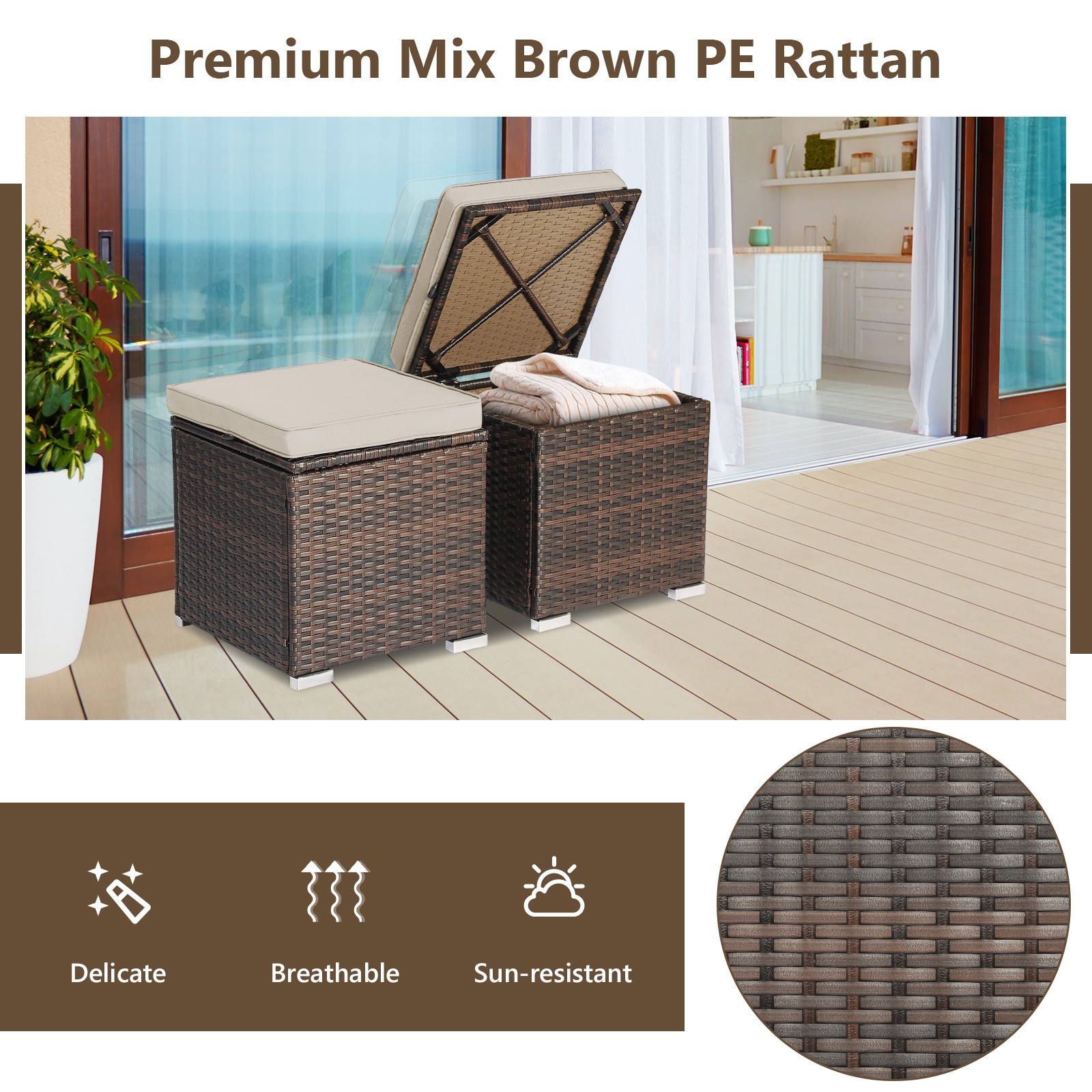 2PCS Patio Rattan Ottomans Seat Side Table Storage Box Footstool W/Cushion Beige
