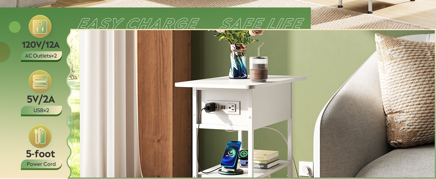 End Table with Charging Stat, Flip Narrow Side Table with